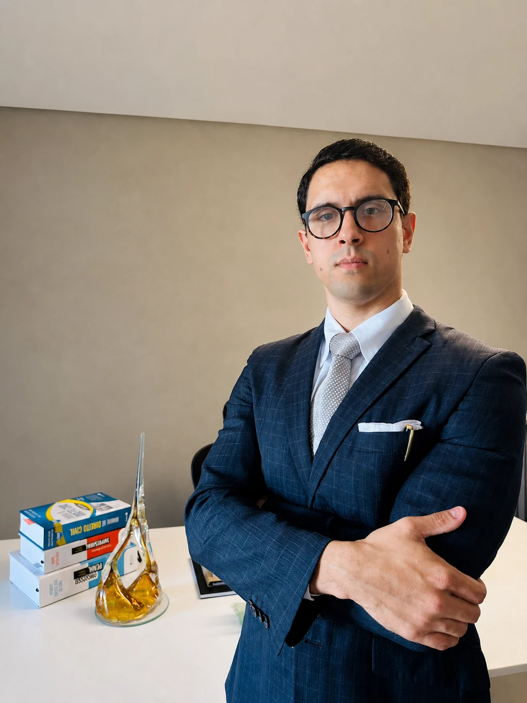 Dr. Willian Moreira Araújo Vieira em seu escritório, usando terno azul-marinho